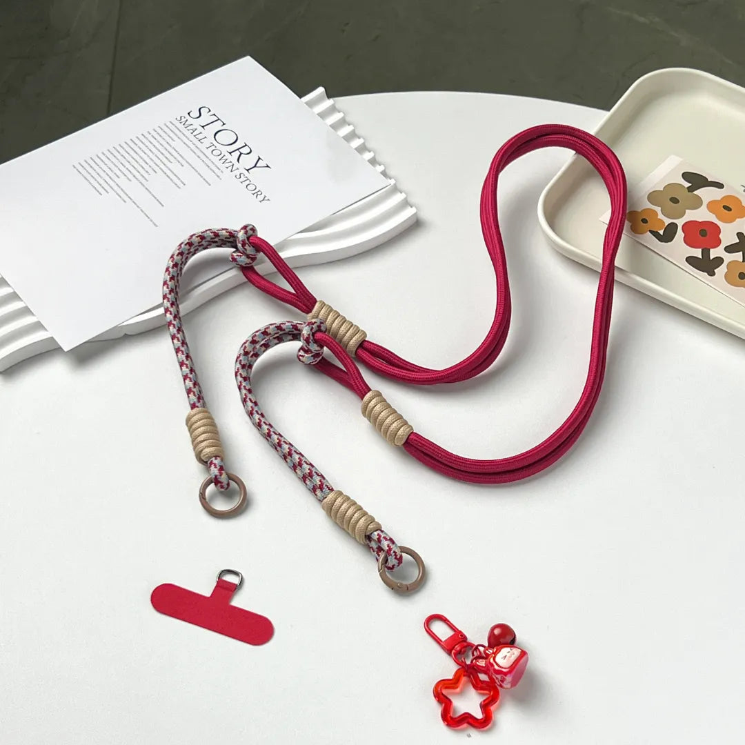 Detachable phone strap structure shown on white background, allowing wrist, neck or crossbody use#color_red