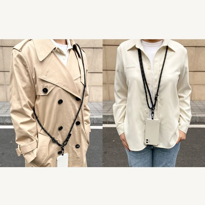 Overview image presenting different wearing styles of the black phone strap for daily practical use#color_black