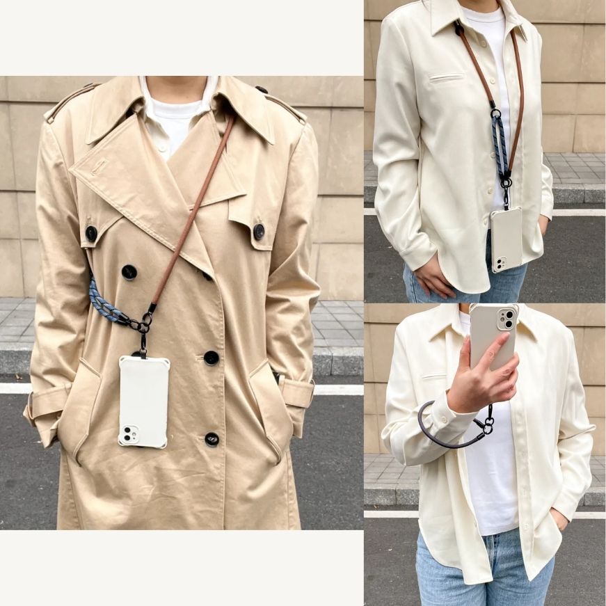 Fashion model showcasing a red and white braided phone lanyard worn crossbody for a chic look#color_brown