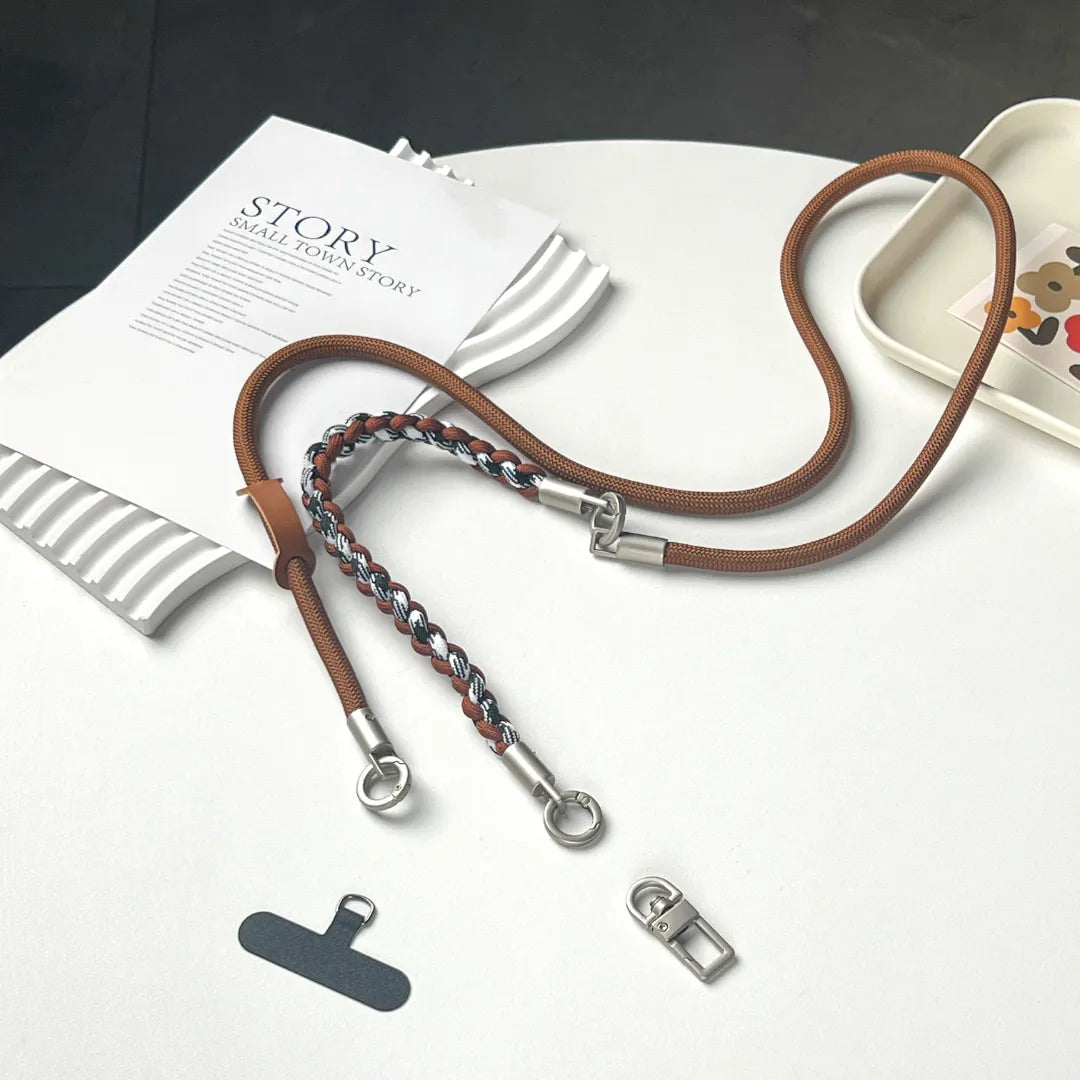 Luxury brown braided leather phone strap with gold lobster claw hooks for smartphone cases#color_brown