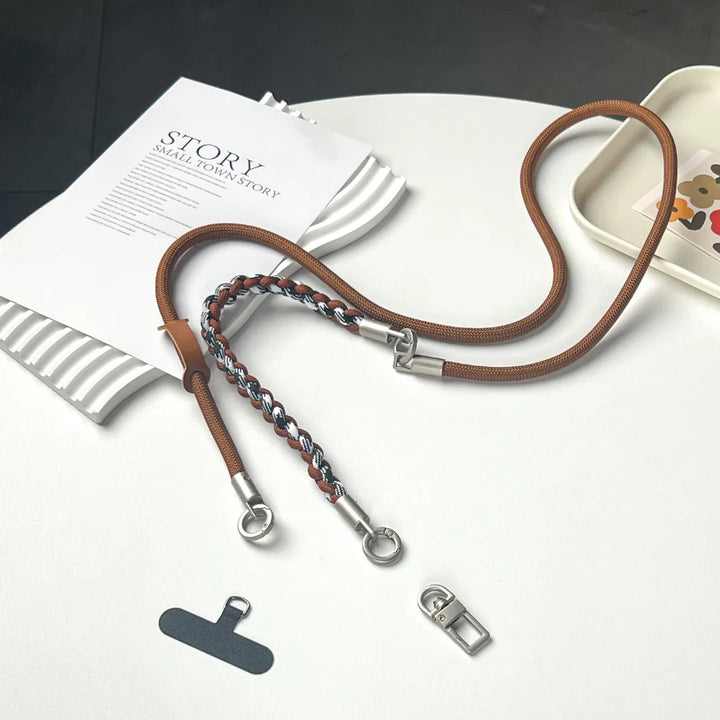 Luxury brown braided leather phone strap with gold lobster claw hooks for smartphone cases#color_brown