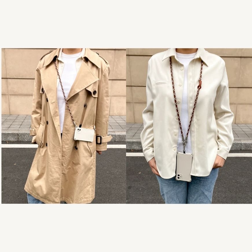 Multi-style display of brown and white braided phone lanyards for crossbody or wrist use#color_brown