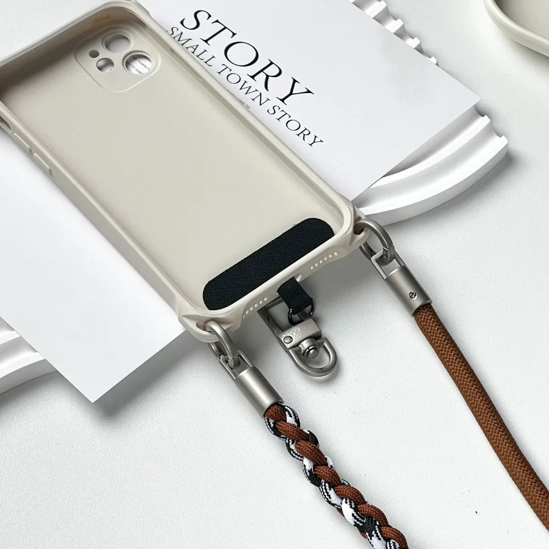 Universal cell phone lanyard with a brown leather strap and ultra thin tether pad connector#color_brown
