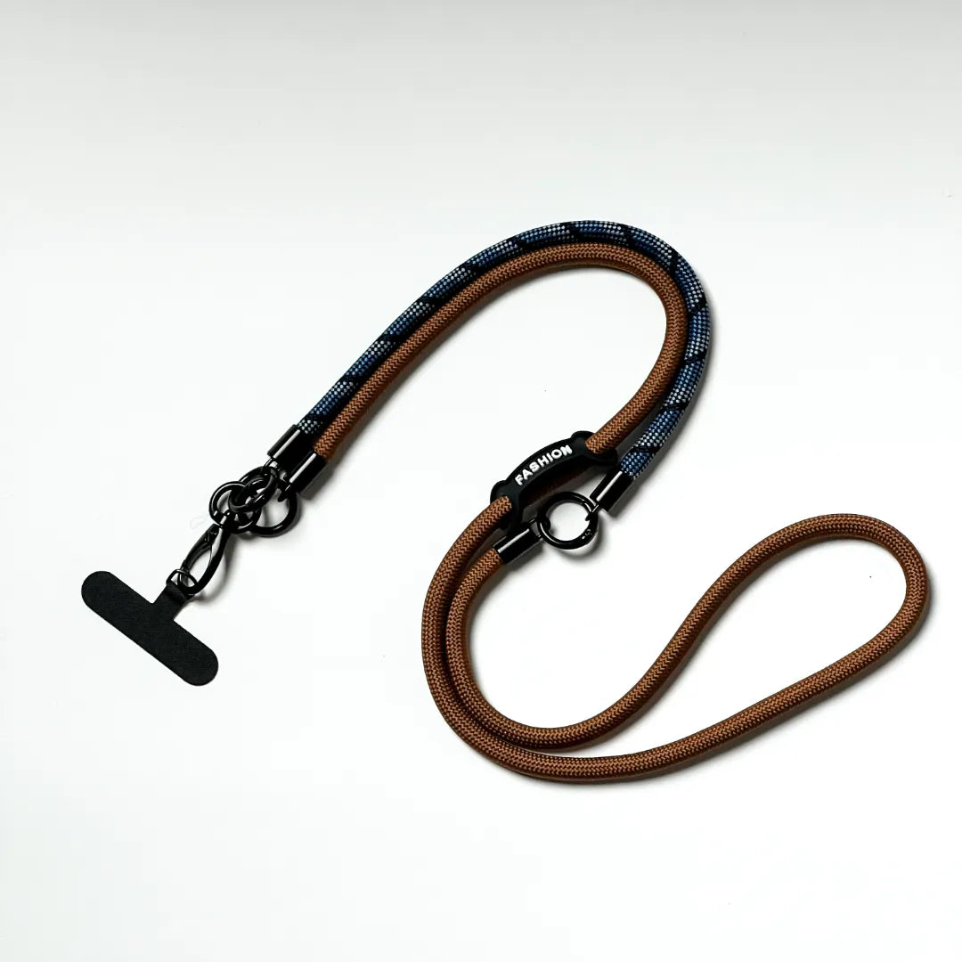 Durable cell phone lanyard made of navy blue braided leather with a crossbody length#color_brown