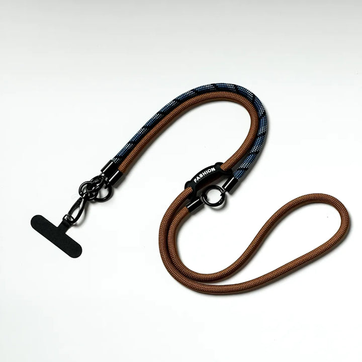 Durable cell phone lanyard made of navy blue braided leather with a crossbody length#color_brown