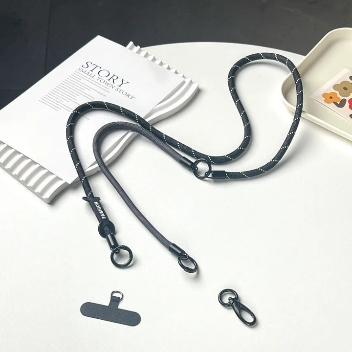 High quality classic black braided leather phone strap with durable metal hooks for daily usel#color_black