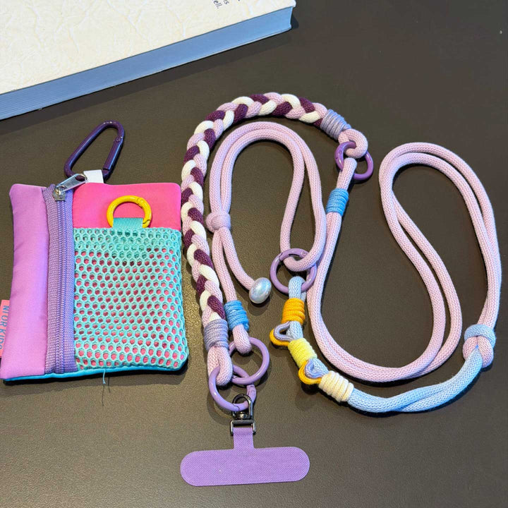 Purple classic braided phone lanyard with mesh pouch, adjustable strap, phone patch, and rotating clasp.