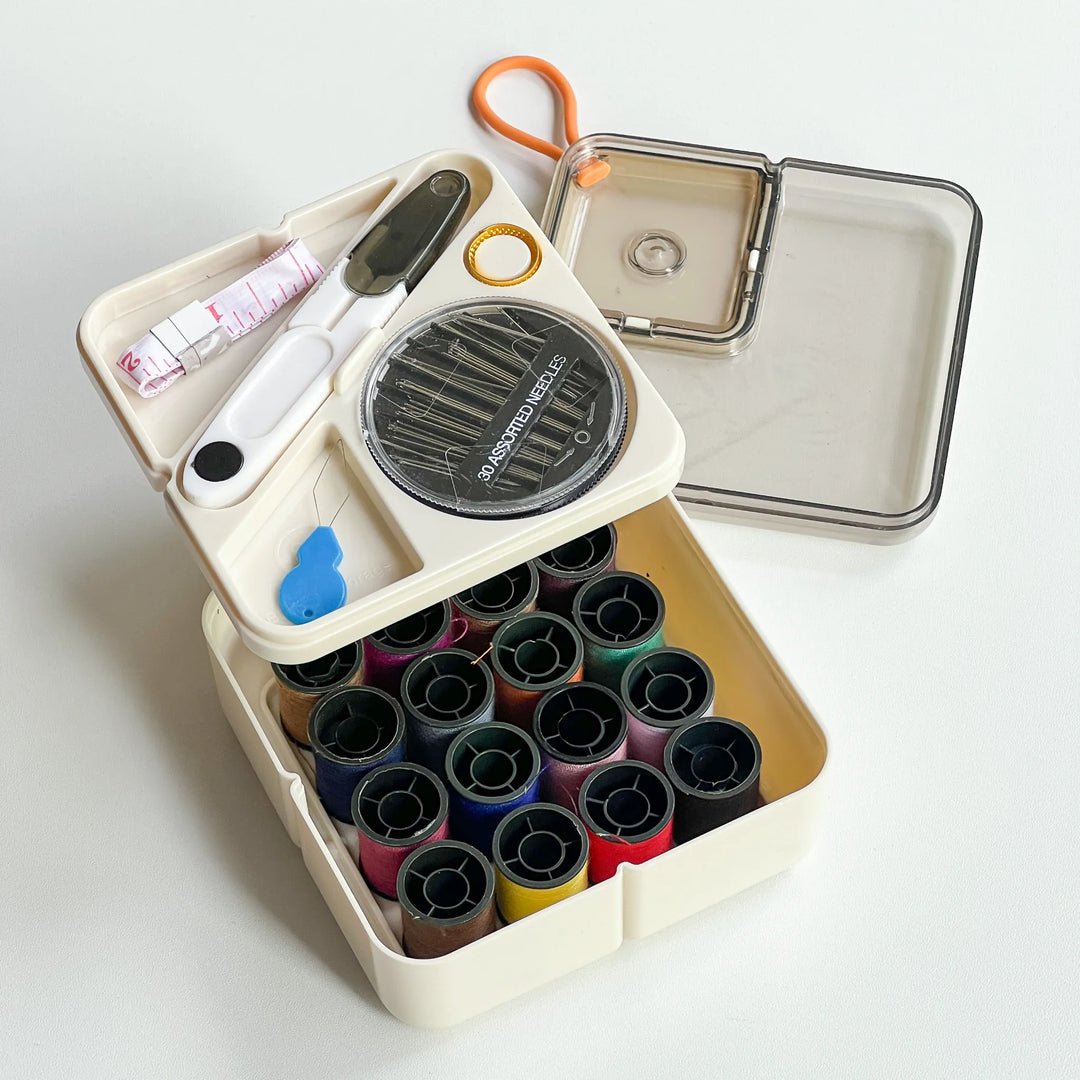 Cream white portable sewing box with a clear layout of needles and threads, high-quality craft tool for travel use.