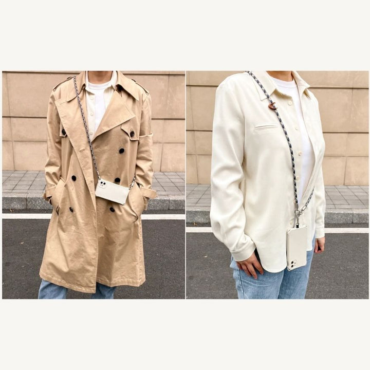 Lifestyle display of the brown and white patterned phone lanyard worn in both crossbody and side-carry styles#color_blue