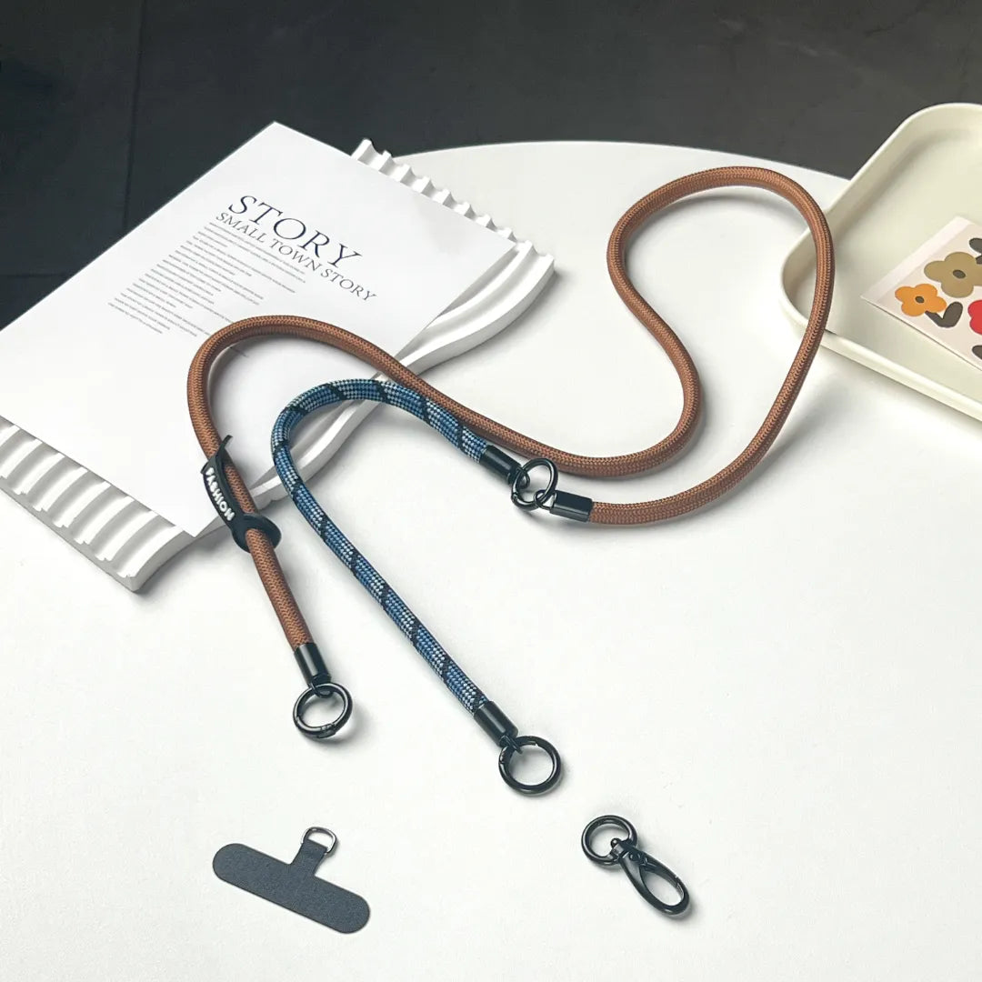 Elegant navy blue leather weave phone lanyard in a versatile crossbody style for women#color_brown