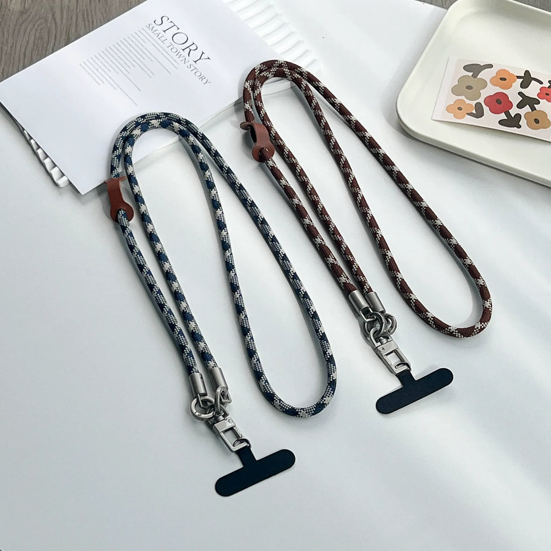 High end grey and blue leather weave phone strap in a comfortable crossbody length#color_blue