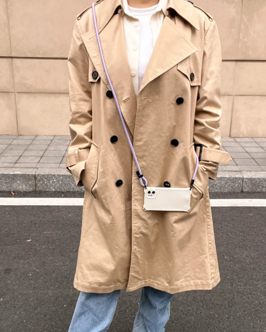 Crossbody phone strap in lavender tone styled with modern outfit for hands free daily activities#color_purple