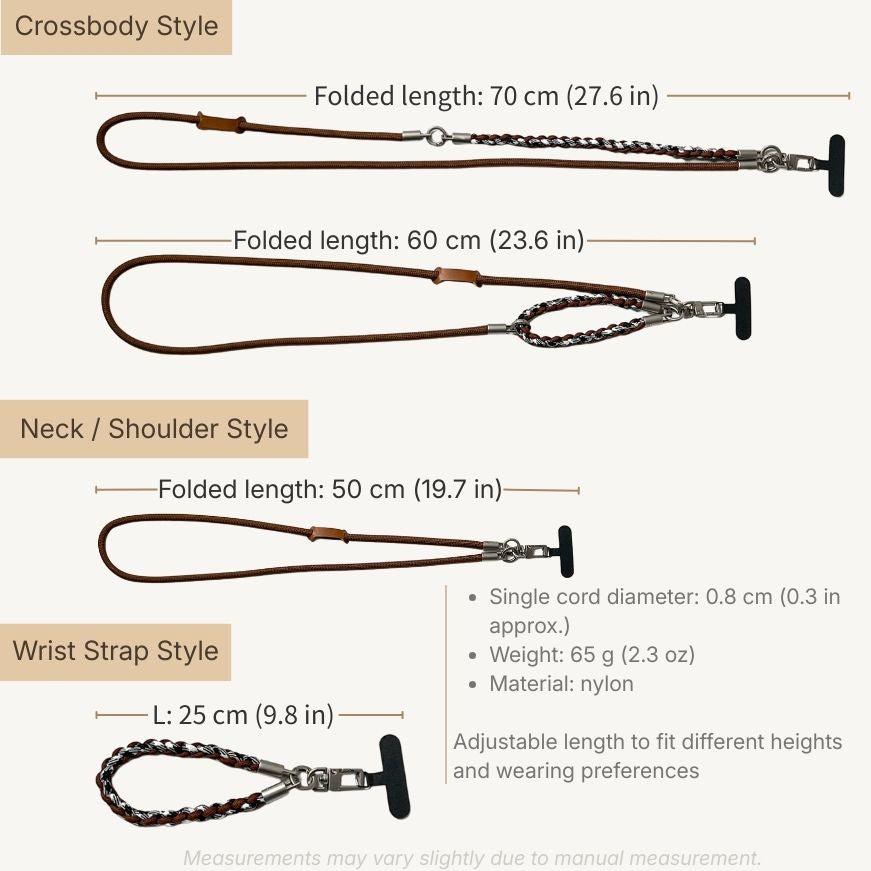 Size guide for brown braided leather crossbody phone strap and matching wrist lanyard#color_brown