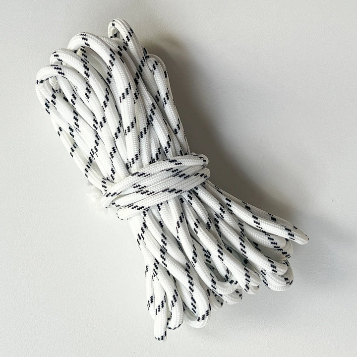 Grey and white mixed braided paracord utility rope, durable and flexible cord for hands-free phone lanyards.