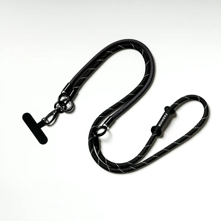 Complete set including a black leather iPhone lanyard and a thin transparent tether padl#color_black