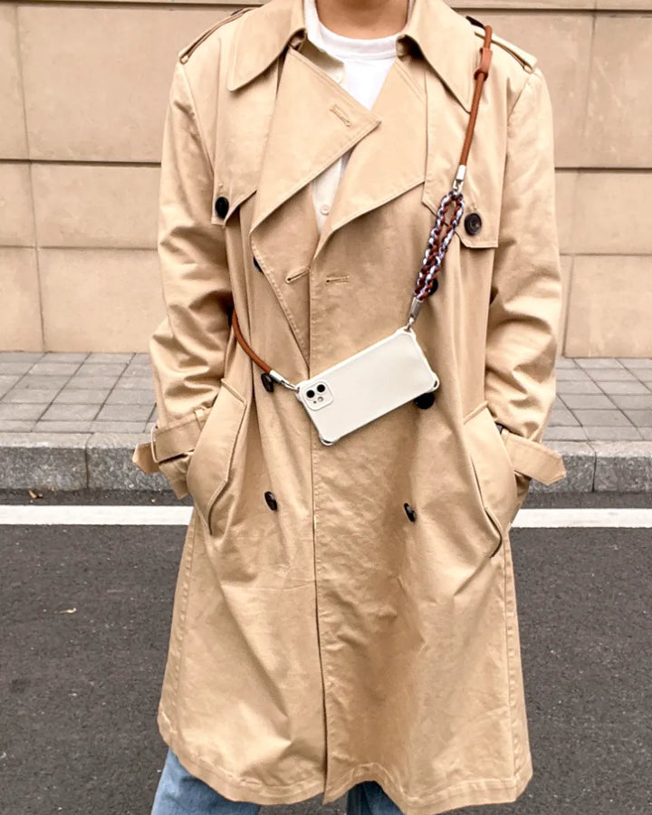 High end iPhone lanyard in a brown leather crossbody style suitable for all phone models#color_brown