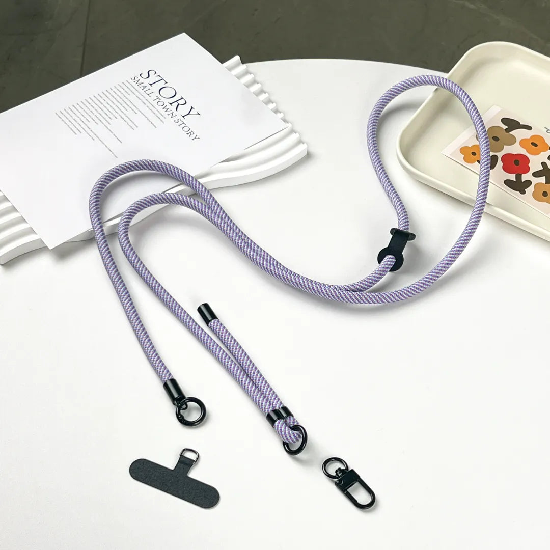 Adjustable lavender phone strap displayed on white background, showing soft rope texture and clean design#color_purple