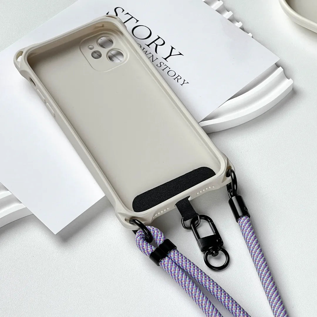 Connection detail of lavender phone strap attached to phone case, highlighting secure and stable support#color_purple