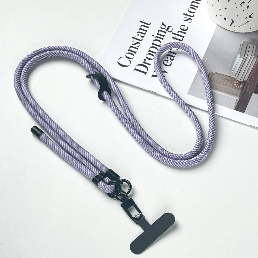 Detachable lavender phone strap structure shown clearly, allowing wrist, neck or crossbody wearing styles#color_purple
