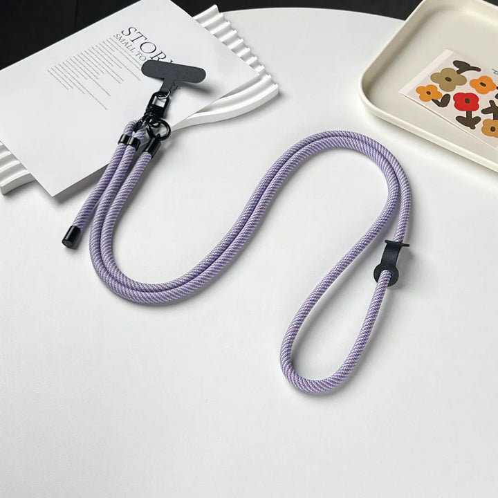 Side view of lavender phone strap showing rope thickness and flexible structure for daily phone use#color_purple