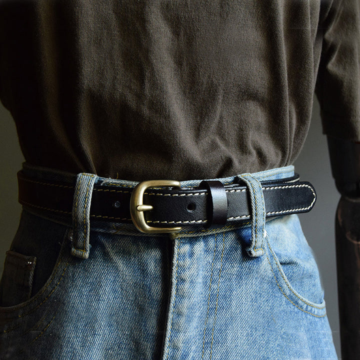 White Edge-Stitched Leather Belt