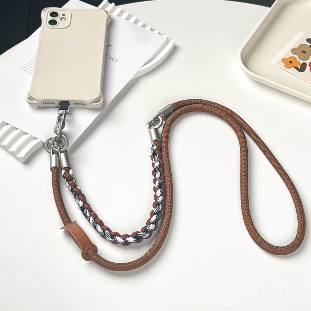 Elegant leather phone wristlet strap with shiny gold hardware compatible with iPhone and Android#color_brown