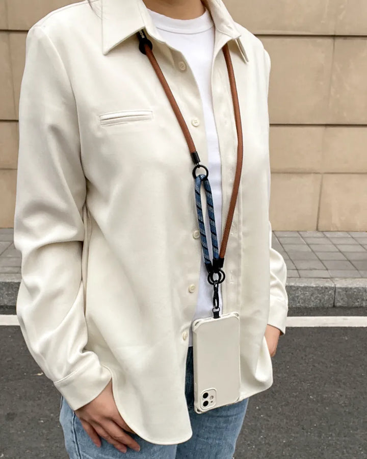 Professional navy blue long phone lanyard ideal for business casual settings and travel#color_brown