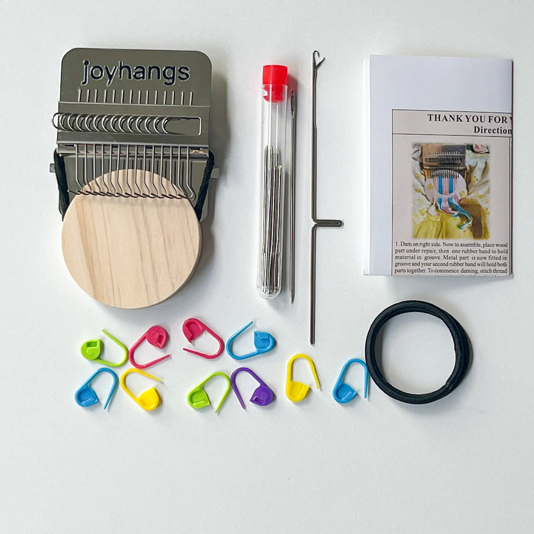 Complete mini weaving loom kit with wooden disk, metal needles, and colorful stitch markers for creative darning art.