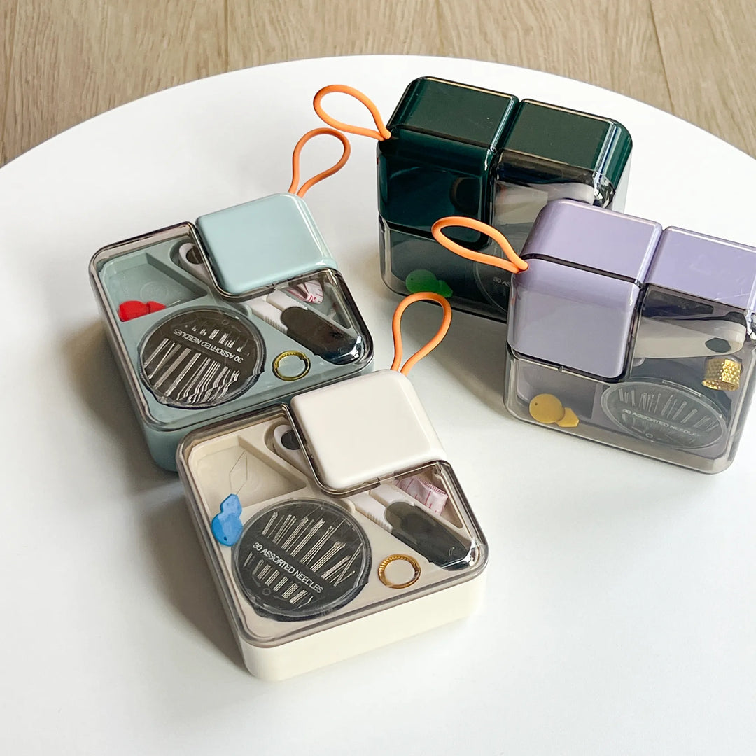 A top view display of multi-color sewing tin storage boxes, compact and portable for organized craft supplies.