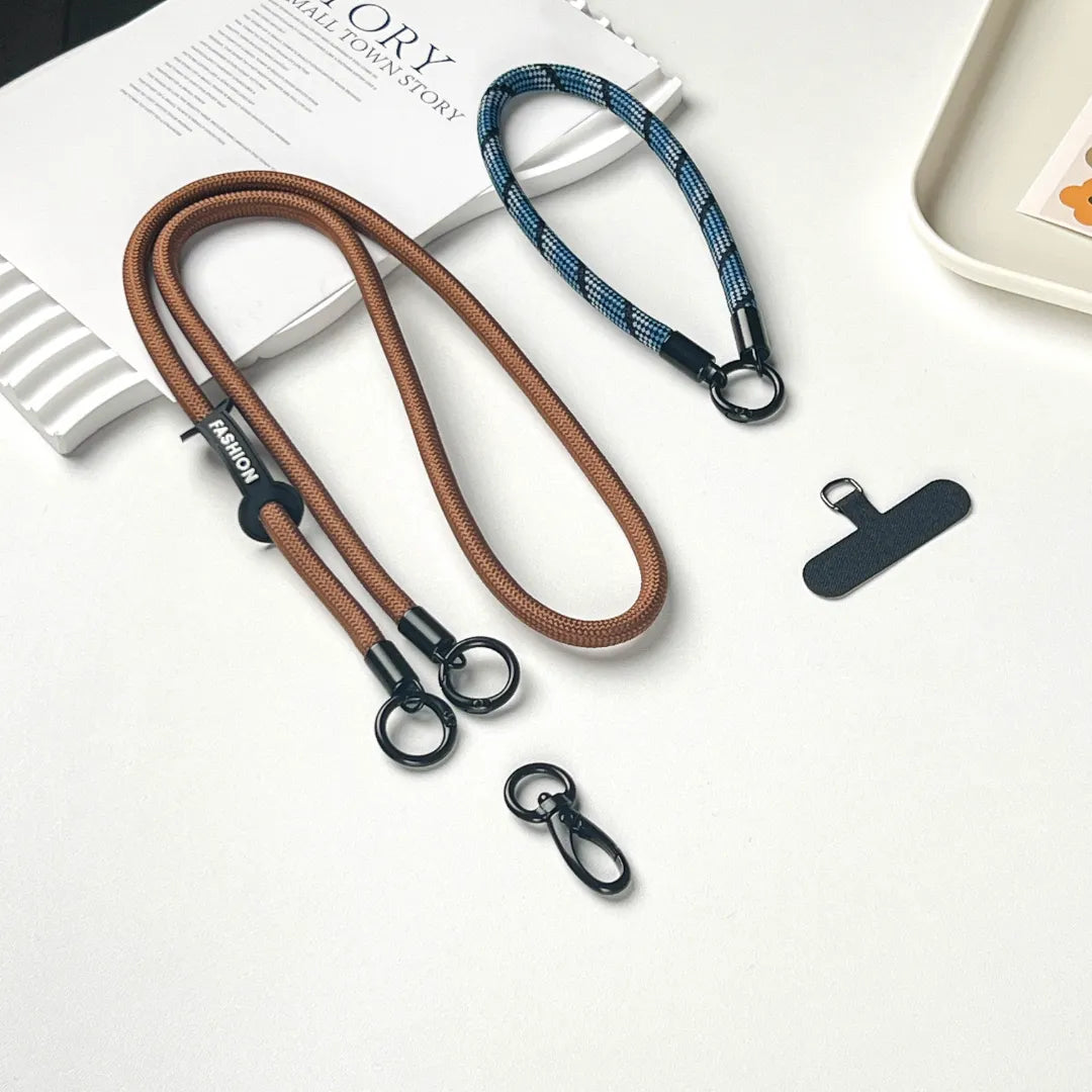 Complete set of navy blue leather phone strap and transparent tether pad for all phones#color_brown