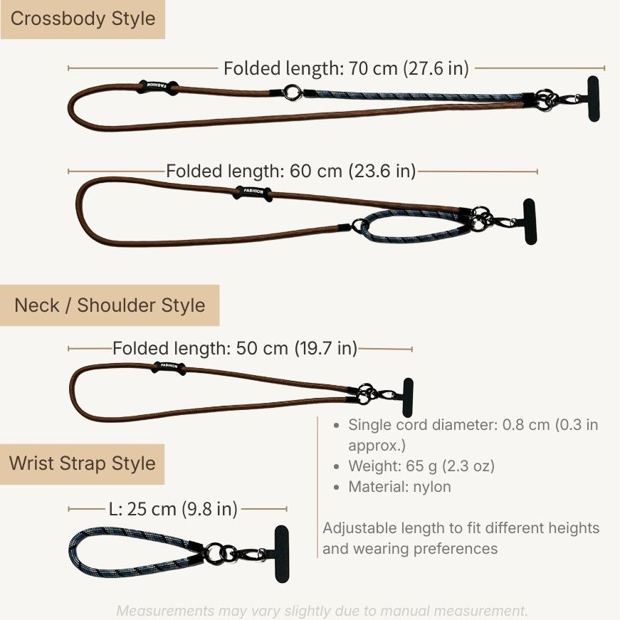 Comprehensive size chart for navy blue leather crossbody straps and matching wrist lanyards#color_brown