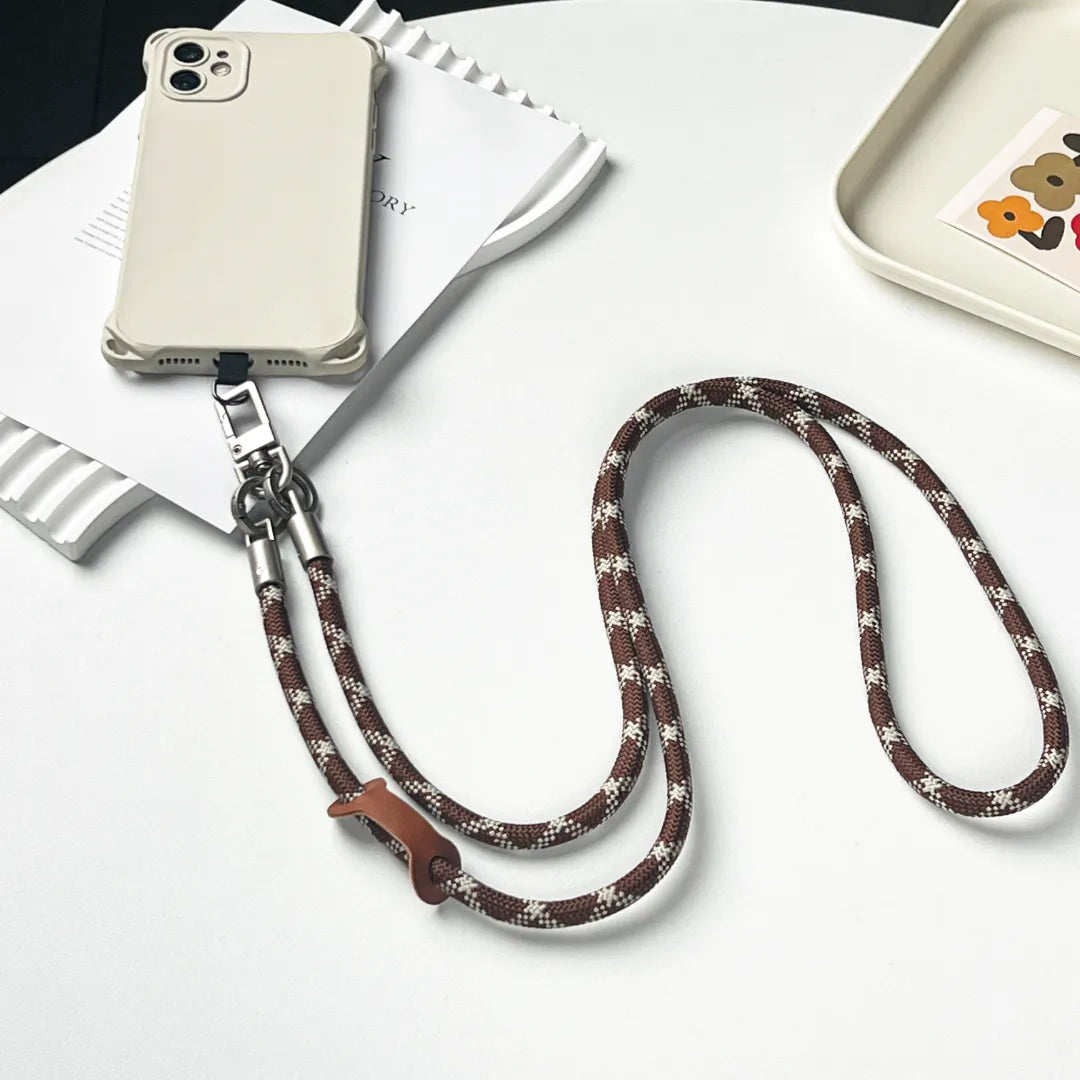 Exquisite phone charm lanyard strap in a brown and white braided design for daily use#color_brown