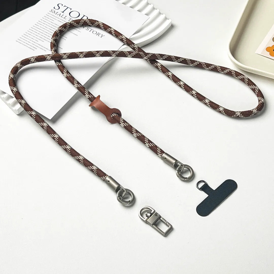 Complete phone lanyard set including a brown white strap and a clear tether pad connector#color_brown