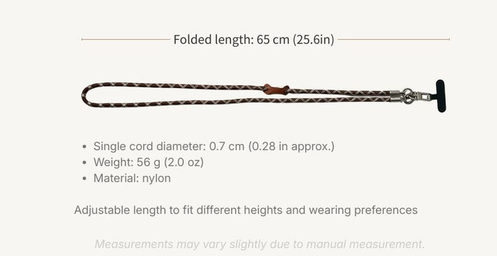 Detailed size guide for brown and white patterned phone lanyard and matching wrist strap#color_brown