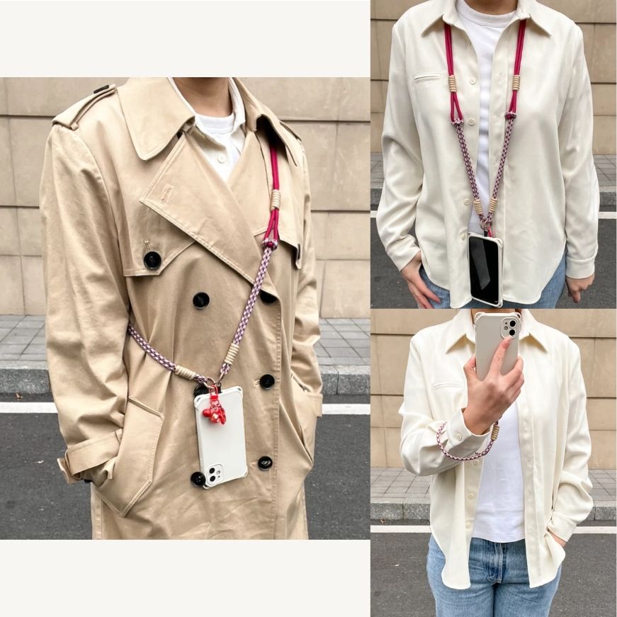 Guide image explaining different phone strap wearing methods including wrist, neck and crossbody use#color_red