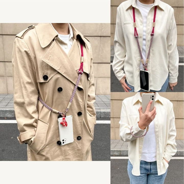 Guide image explaining different phone strap wearing methods including wrist, neck and crossbody use#color_red