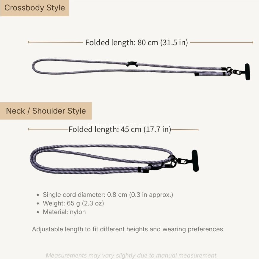 Guide image explaining different ways to wear the lavender phone strap including wrist, neck and crossbody use#color_purple