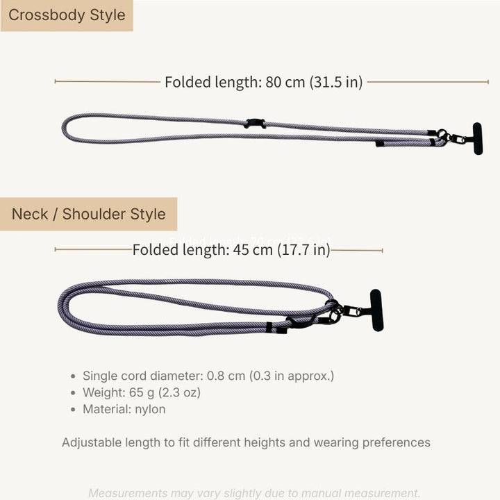 Guide image explaining different ways to wear the lavender phone strap including wrist, neck and crossbody use#color_purple