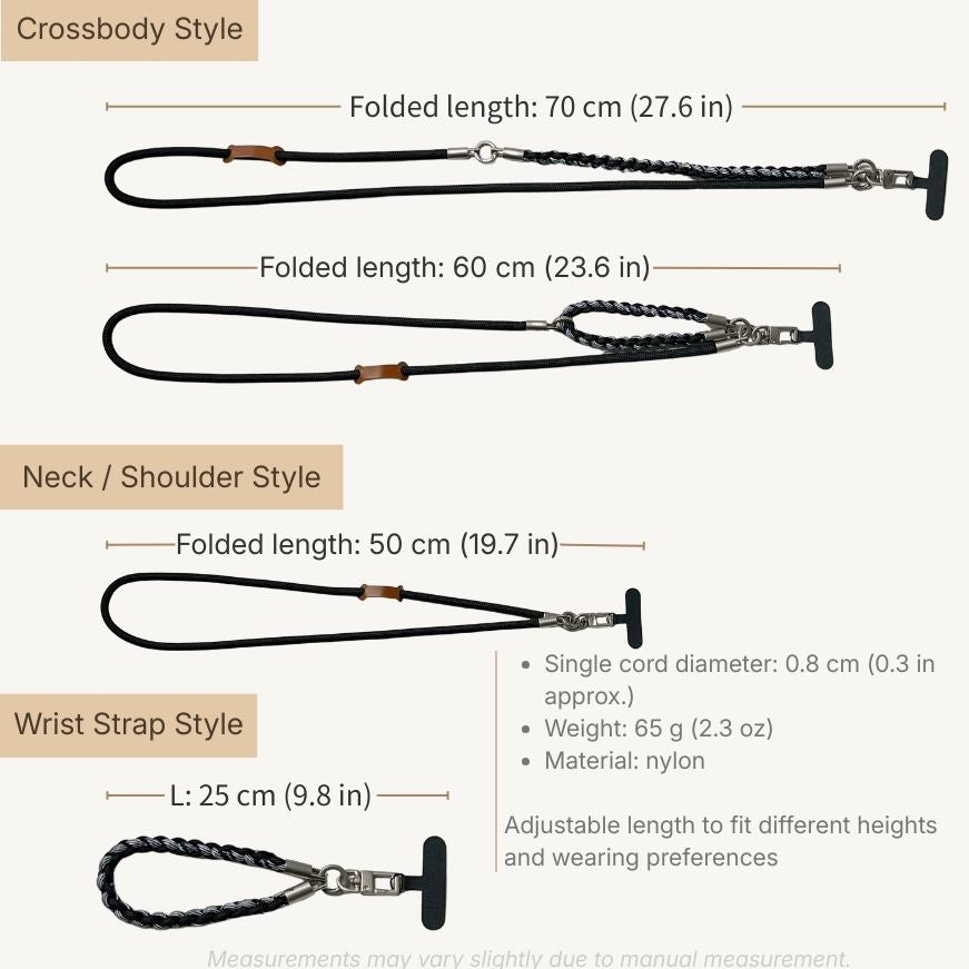 Guide image explaining different ways to wear the utility style phone strap including wrist, neck and crossbody use#color_black