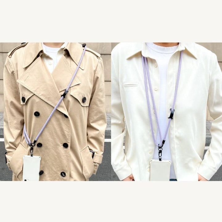 Guide image explaining different ways to wear the lavender phone strap including neck and crossbody use#color_purple