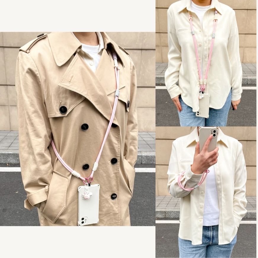 Product overview image showing pink phone strap components, structure and wearing methods in a clear layout#color_pink