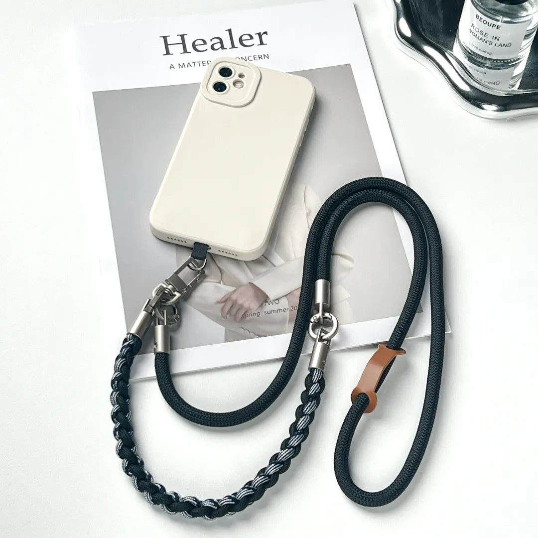 Close up of rugged phone strap metal hook highlighting strong connection and reliable phone support#color_black