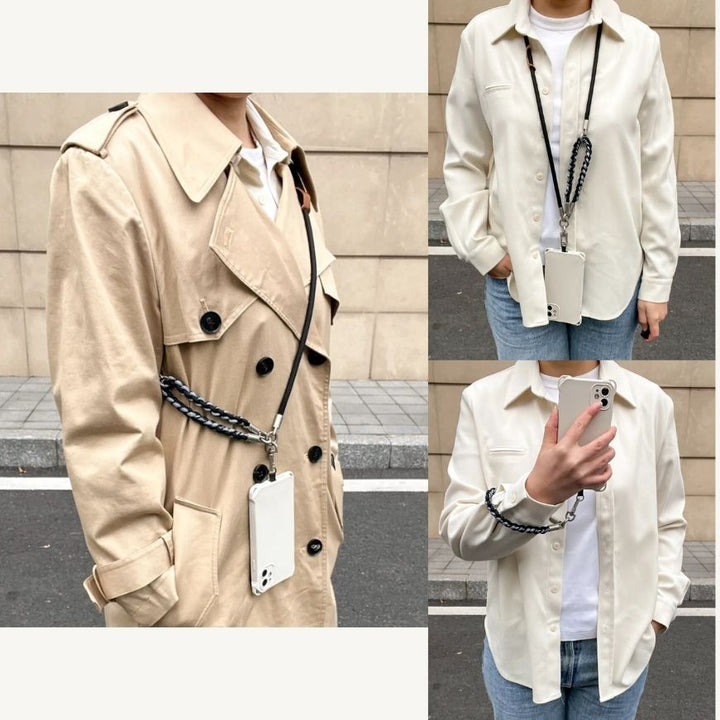 Product overview image showing rugged phone strap components, structure and wearing methods in a clear layout#color_black