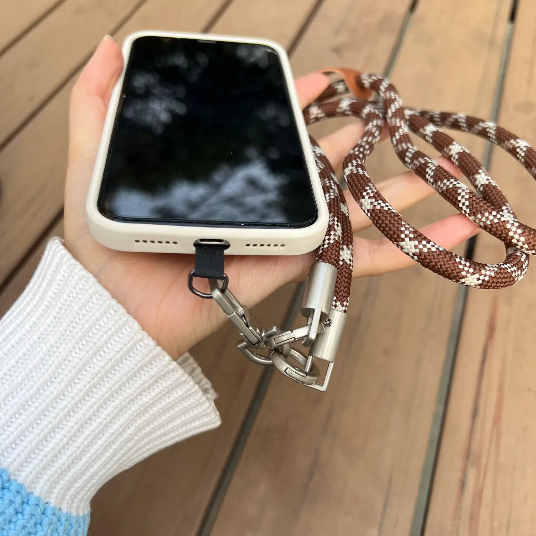 Anti-drop protection with a stylish brown and white braided leather wrist phone lanyard#color_brown